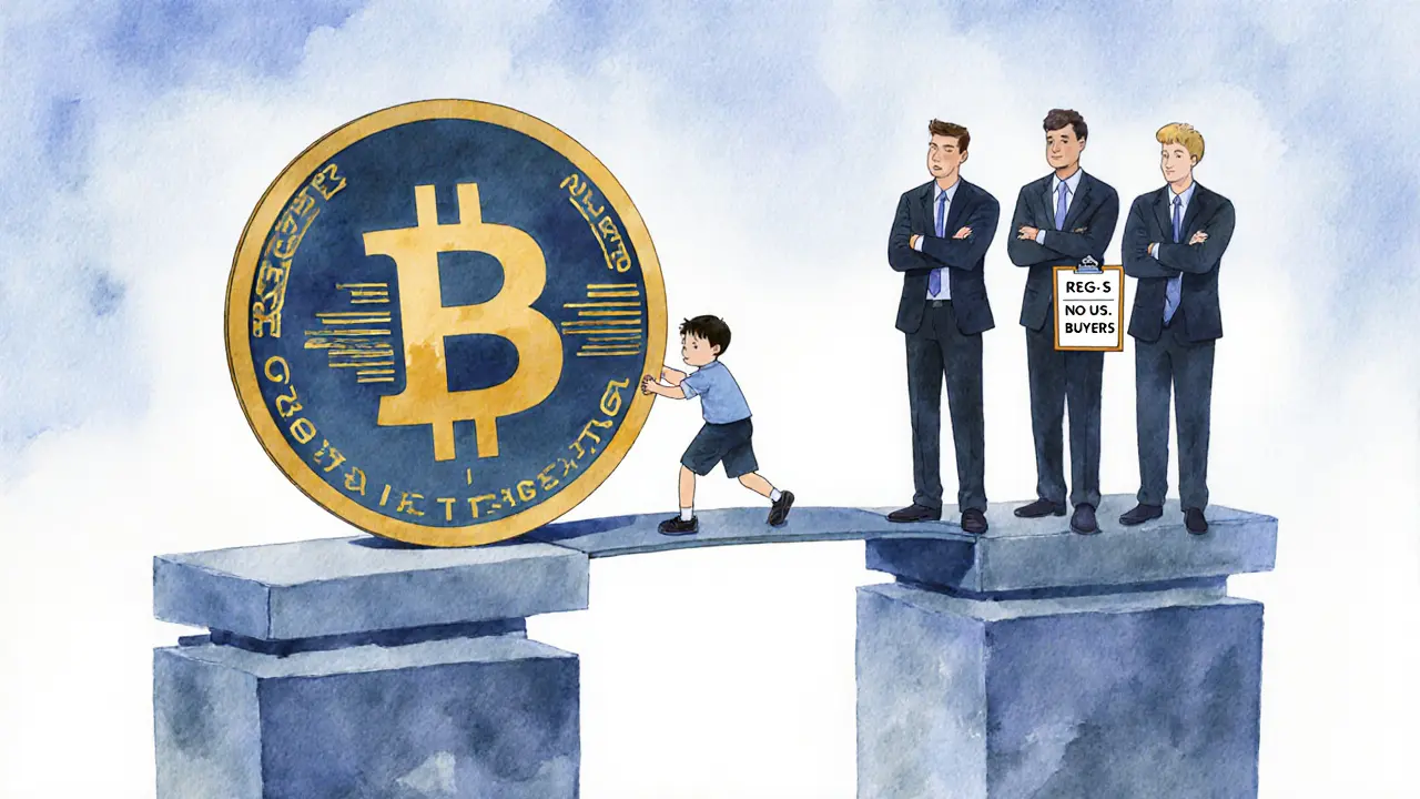A child struggles to push a giant ITOTon token across a blockchain bridge while adults watch silently.