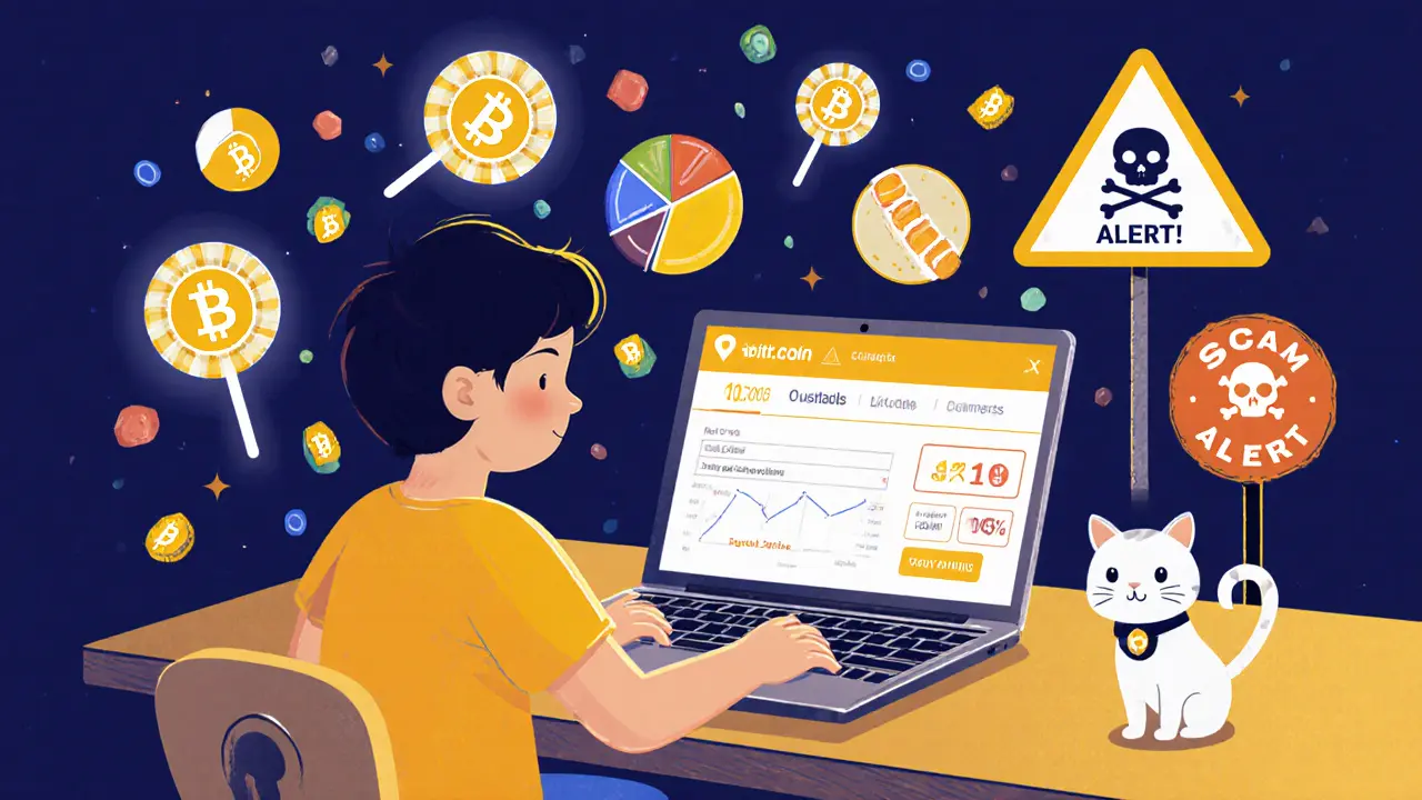 A child uses a laptop to book travel while glowing CANDY tokens and a scam warning appear nearby.