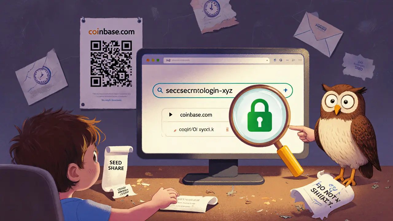 A child uses a magnifying glass to spot a fake website URL, guided by an owl pointing to the real one.