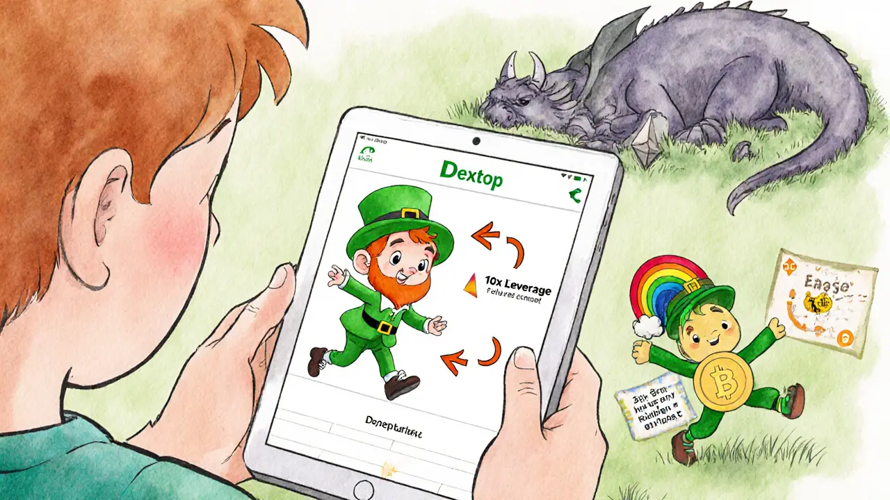 A child uses a tablet to trade crypto on a clean app interface, with a tiny leprechaun showing 10x leverage and a sleeping dragon labeled &#039;High Gas Fees&#039;.
