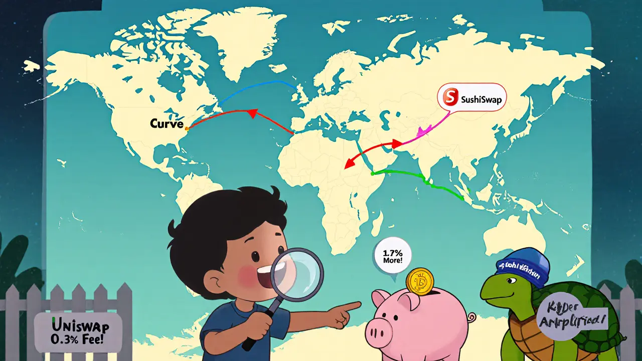 A child using a magnifying glass to follow a glowing trade route that delivers extra crypto coins to a piggy bank.