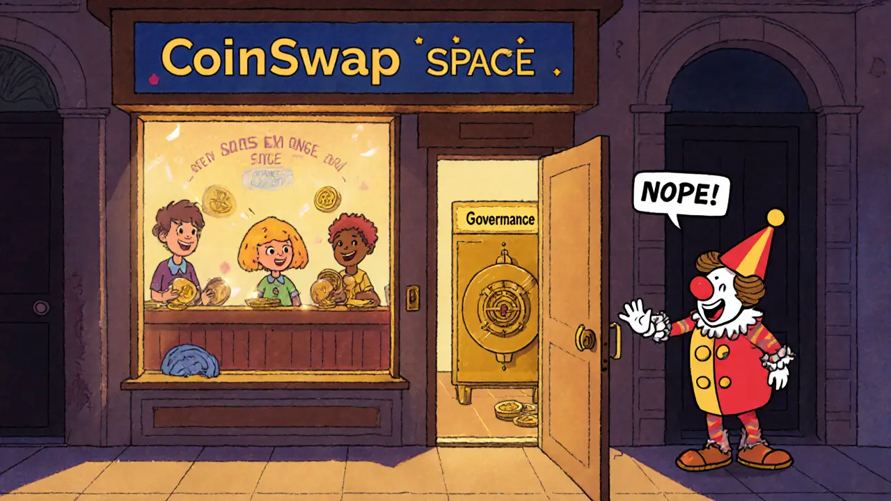 A cozy CoinSwap Space store welcomes real users while a scammer is shut out by a &#039;NOPE!&#039; sign.