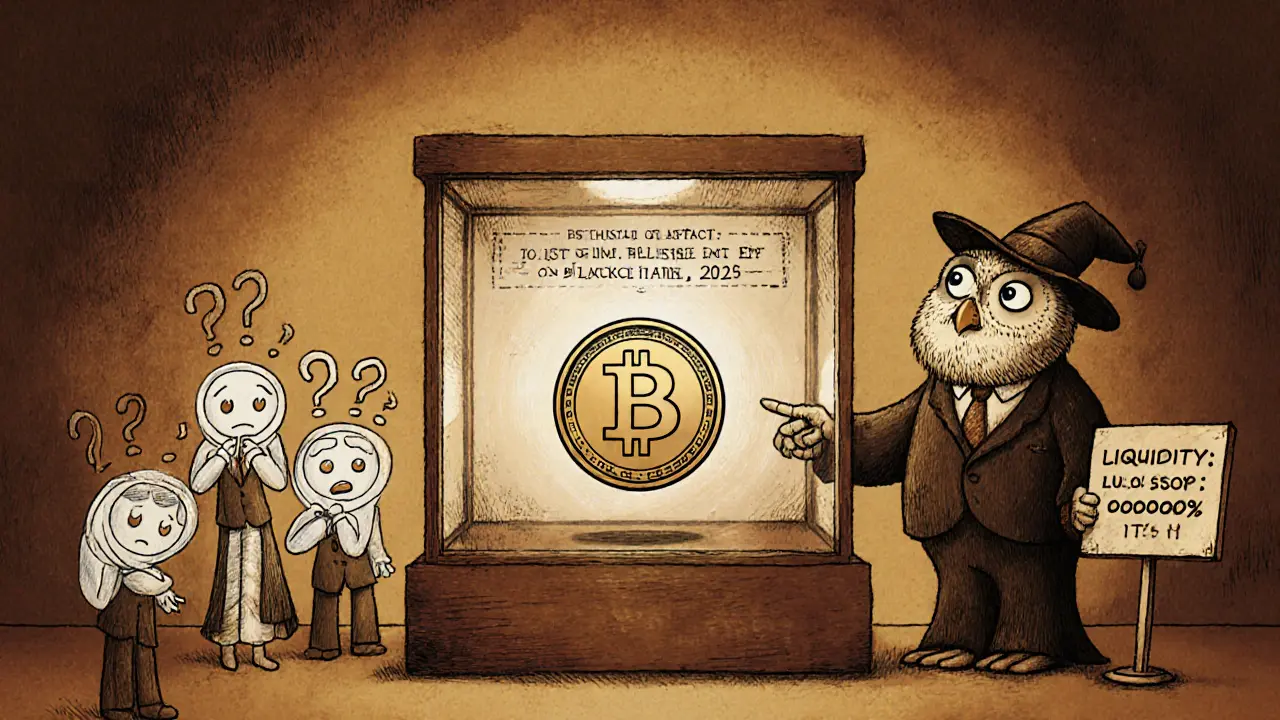 A dusty museum display shows the ITOTon token with signs about low liquidity and confused investors.