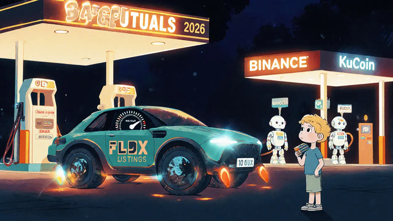 A fast electric car labeled Perpetuals 2026 parked next to a gas station that doesn&#039;t accept FLDX.