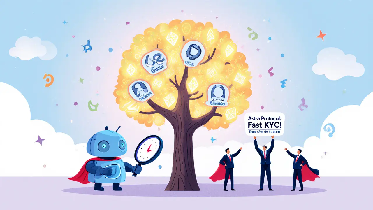 A friendly robot inspecting a blockchain tree with verified identity leaves, under a &#039;Fast KYC&#039; sign.
