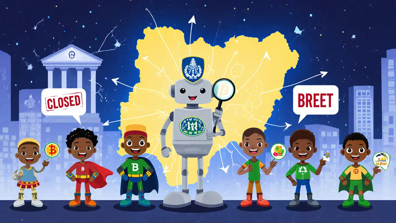 A friendly SEC robot watches over seven cartoon crypto platforms on a Nigerian skyline, with broken bank behind smiling users paying bills with crypto.