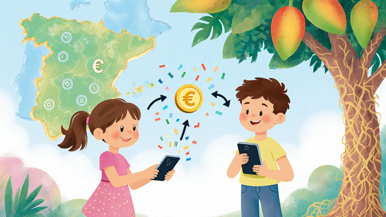 A girl in Spain sends mCEUR to her brother in Colombia via phone under a mango tree.