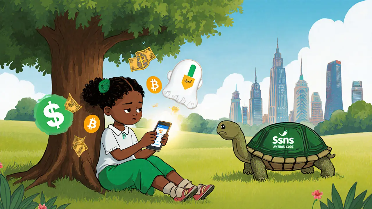 A girl with a phone shows failed SMS code, but a glowing authenticator app and escrow turtle help her safely complete a crypto trade under a tree.