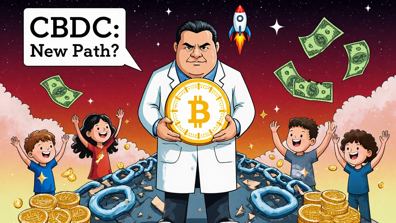 A government figure holds a digital rial coin as children keep Bitcoin coins and dollar bills float away.