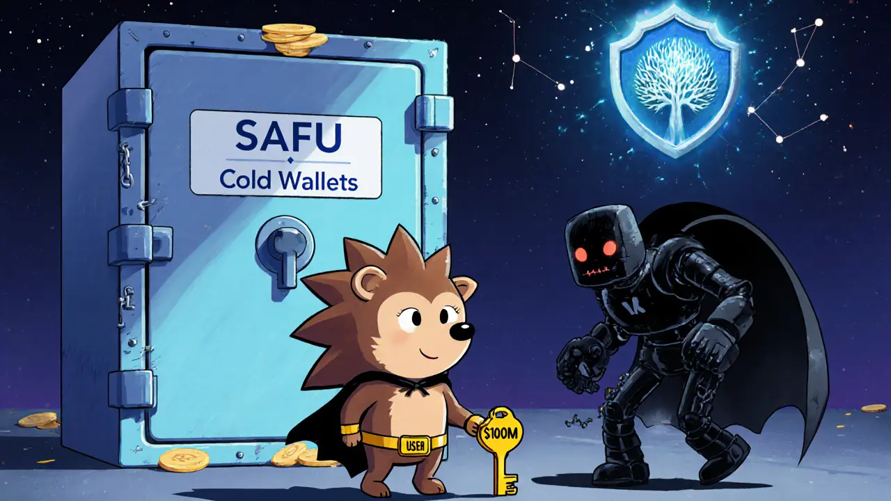 A hedgehog unlocking a vault with cold wallet key while a glitchy robot retreats.