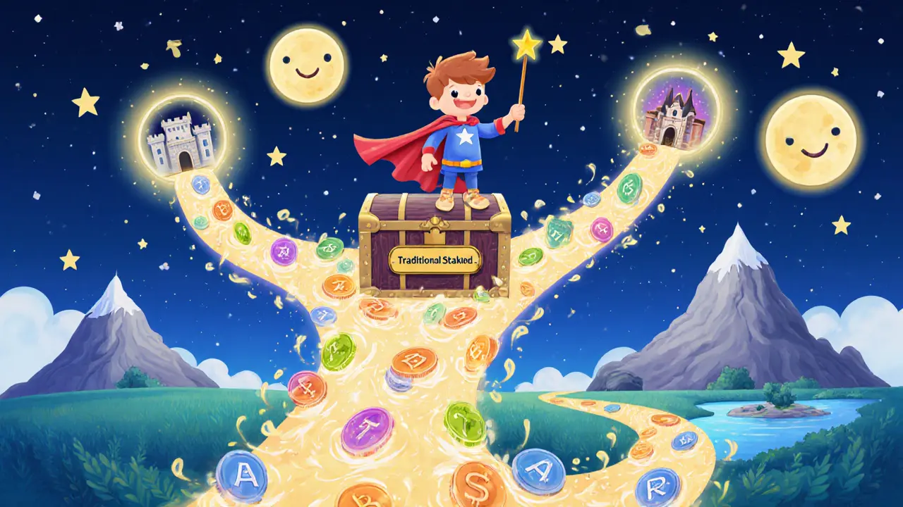 A hero unlocks a chest of locked ETH, releasing tokens that flow into three DeFi pathways.