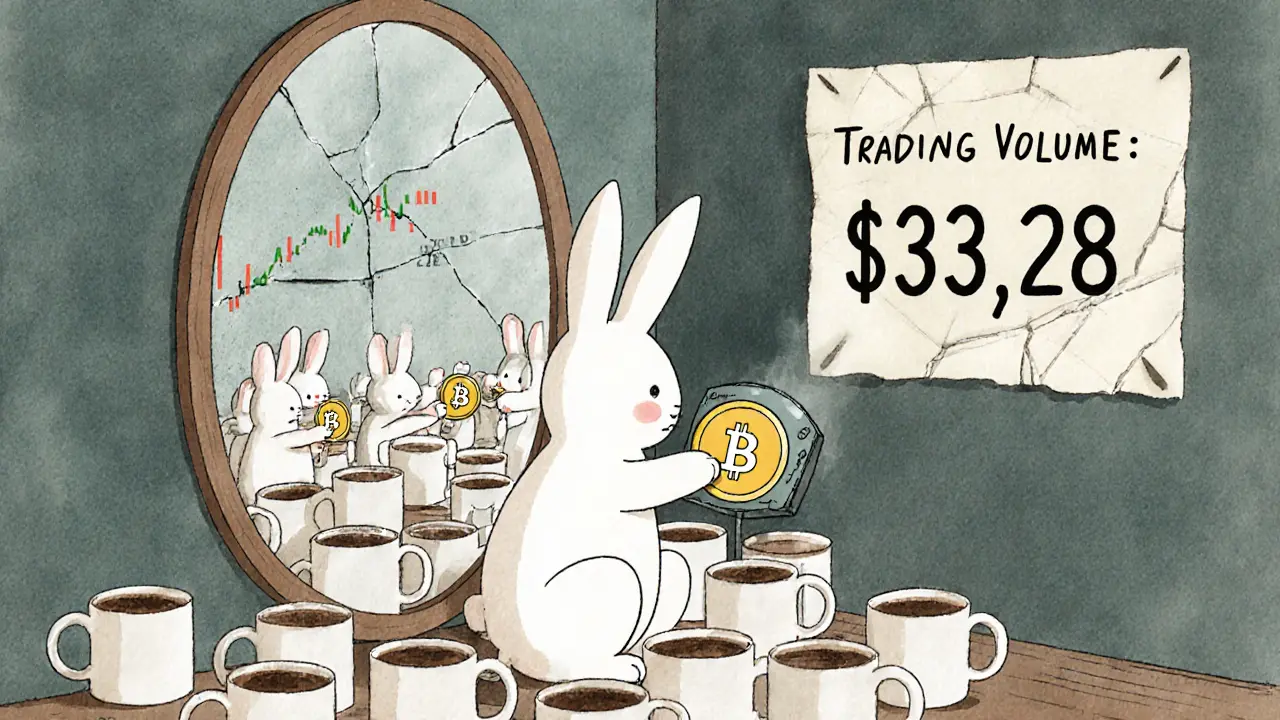 A lonely bunny sits beside empty coffee cups, staring at a tiny price chart showing <h2>103,440 holders? Probably just 5,000 wallets</h2>.00001879.