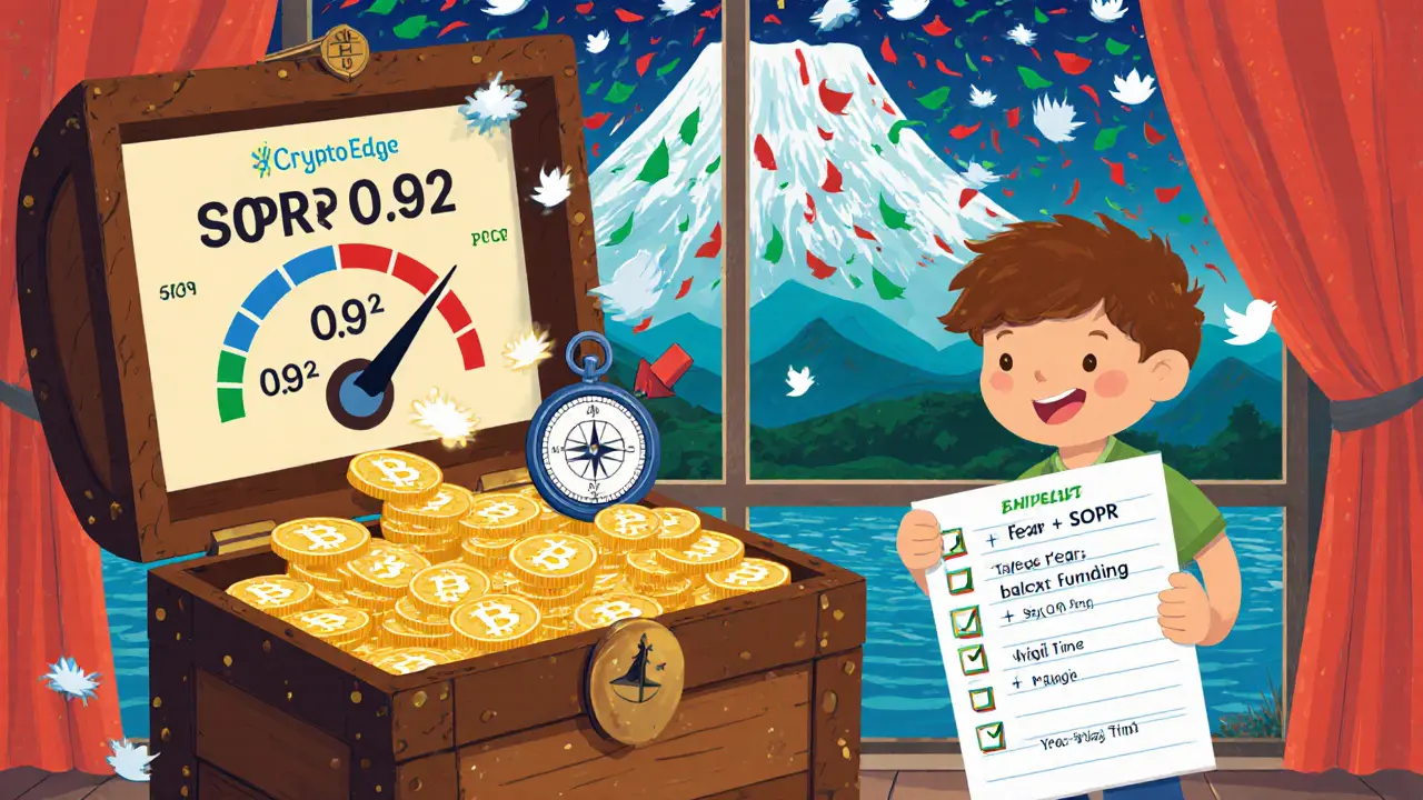 A magical chest with crypto tools and a compass pointing to &#039;BUY&#039; as tweets swirl outside, with a child trader holding a checklist.