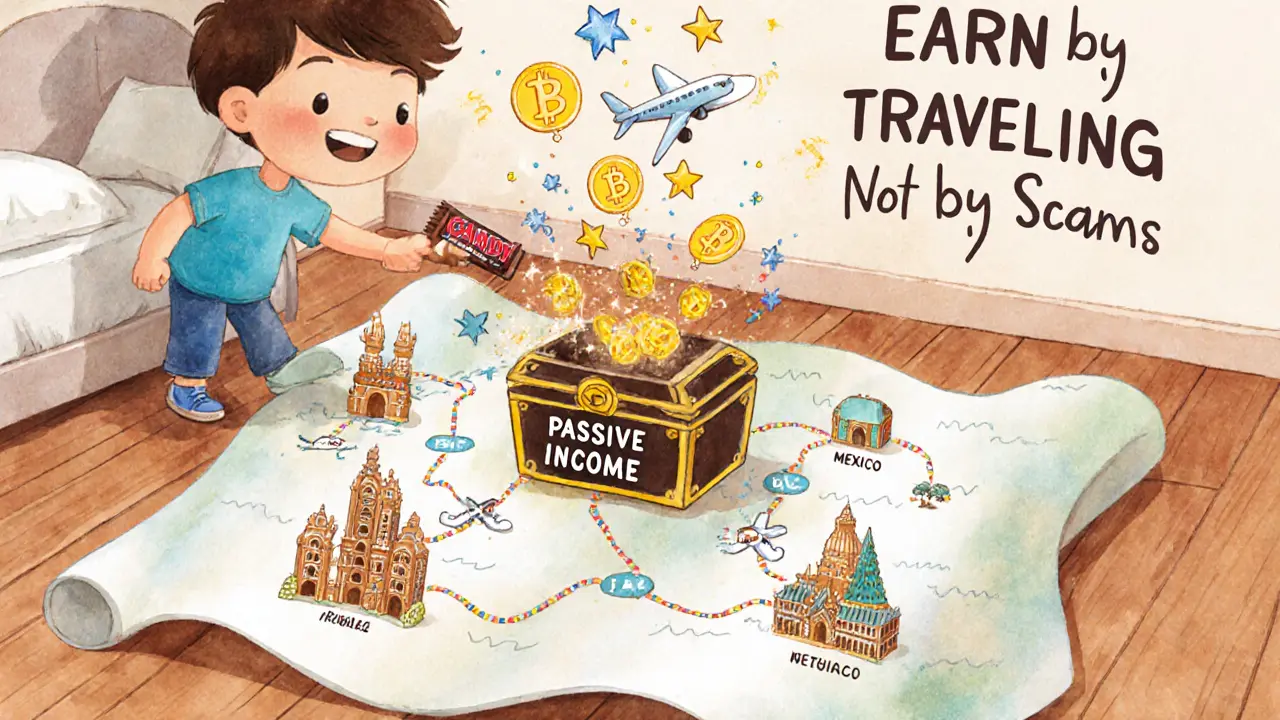 A magical travel map shows destinations with candy-themed hotels, and a child adds a CANDY token to a treasure chest.
