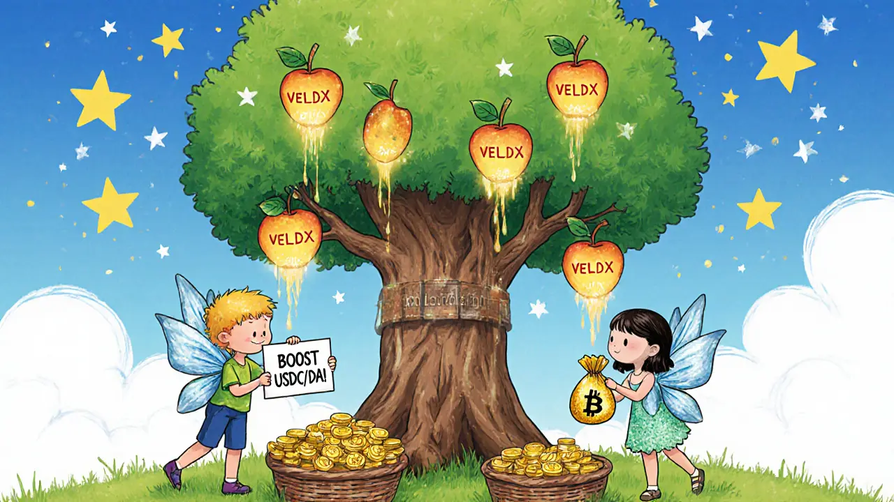 A magical voting tree with glowing fruits, children receiving bribes of tokens from fairy-like creatures.