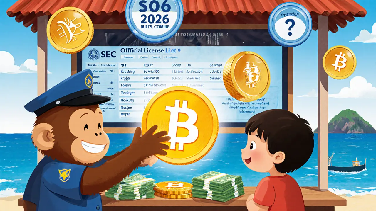 A monkey at a tourist kiosk in Thailand exchanges crypto for cash while children watch and question marks float above unregulated tokens.