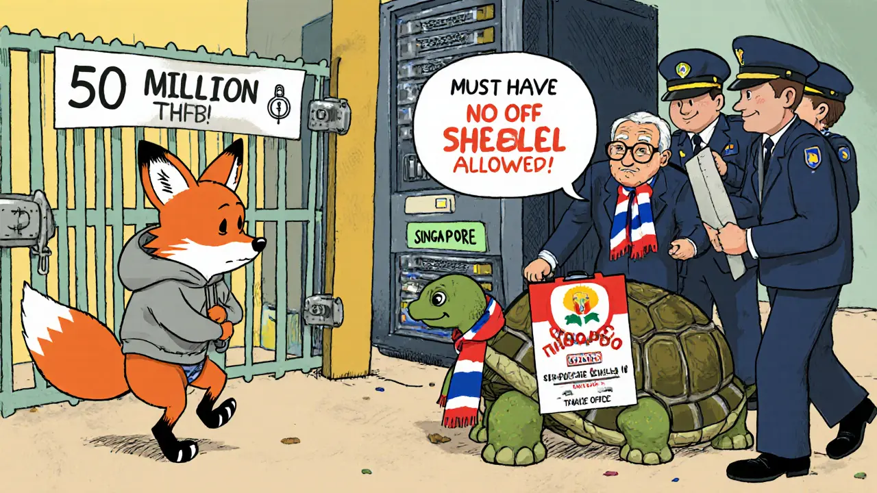 A nervous fox tries to enter a crypto gate but is stopped by a turtle who says no offshore setups are allowed.