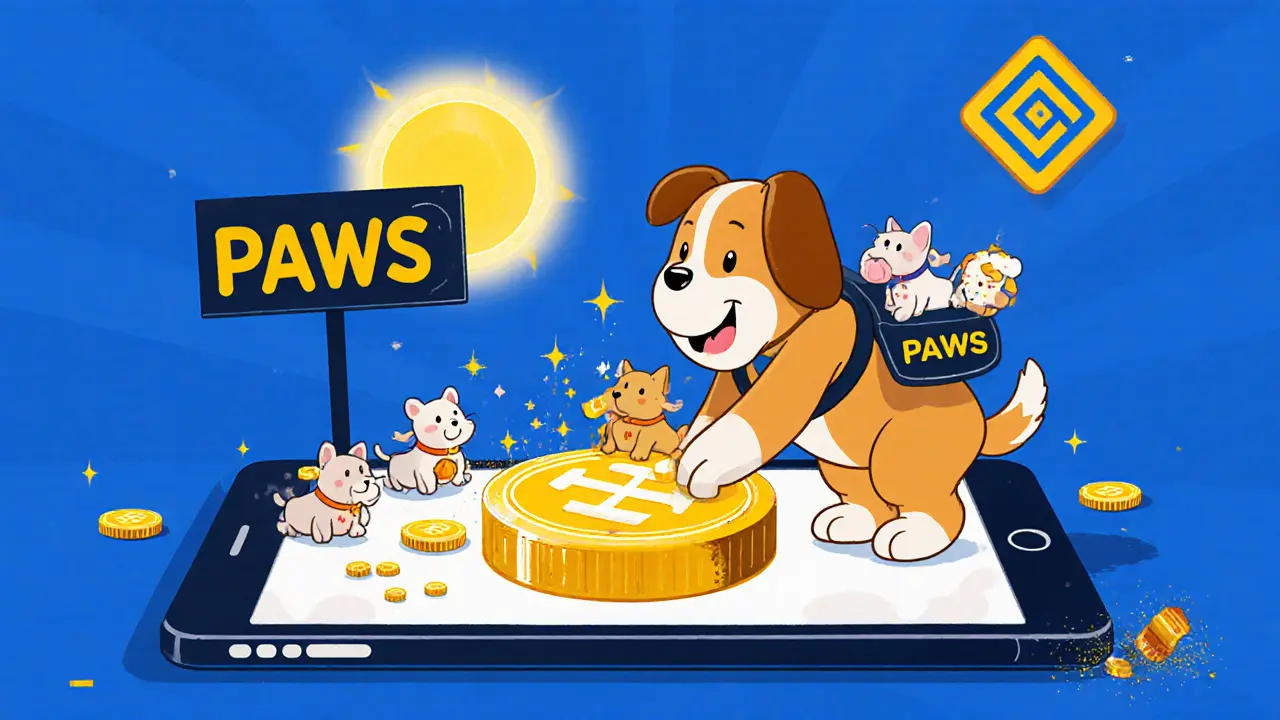 A puppy taps a golden button to earn sparkly PAWS tokens with a Binance sun in the background.