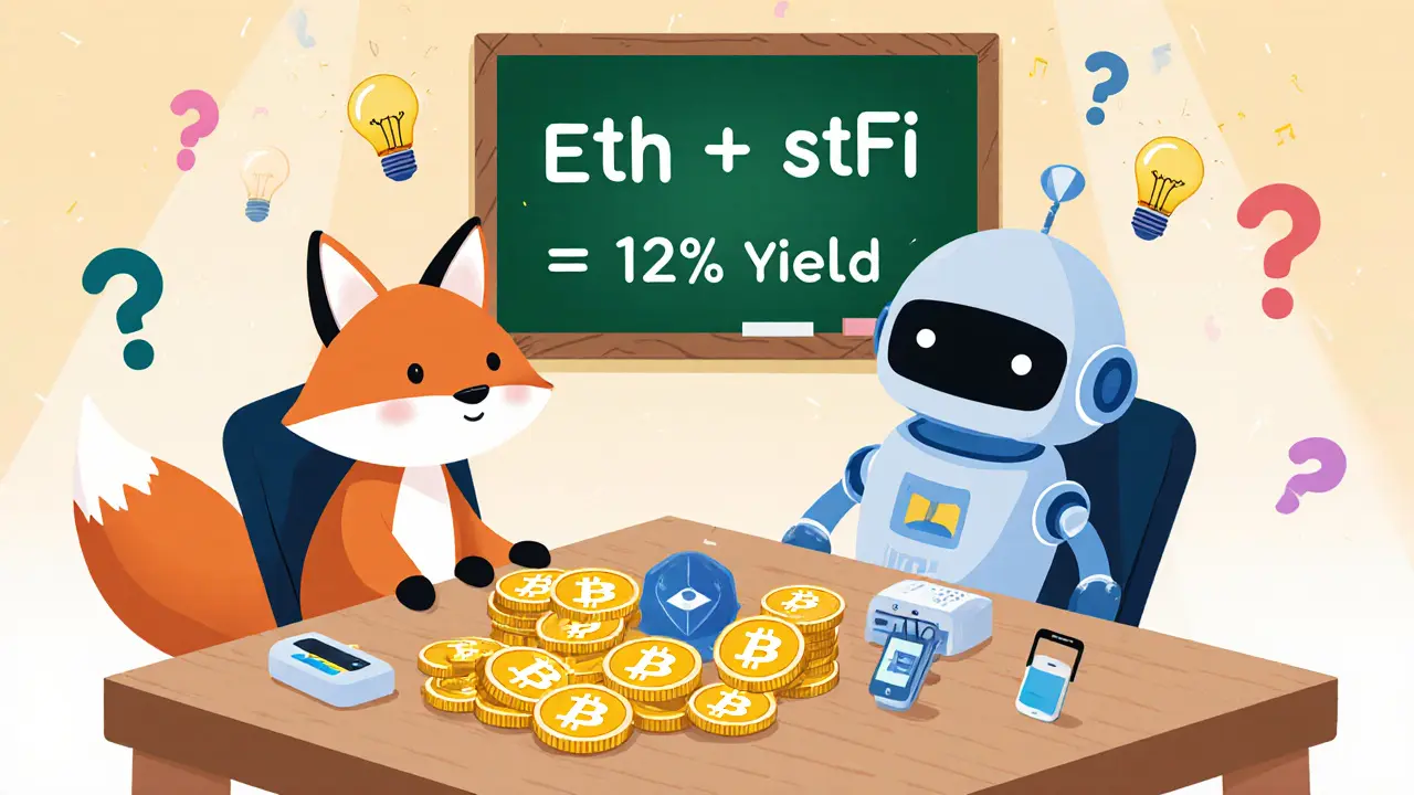 A robot and fox study ETH and stETH tokens on a table with a chalkboard showing a 12% yield equation.