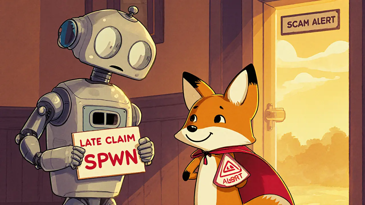 A robot is turned away by a fox wearing a &#039;Scam Alert&#039; cape as a 2021 airdrop door closes.
