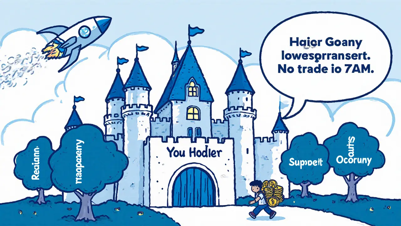 A safe castle called YouHodler welcomes a trader, while the old StormGain rocket fades into the clouds above.