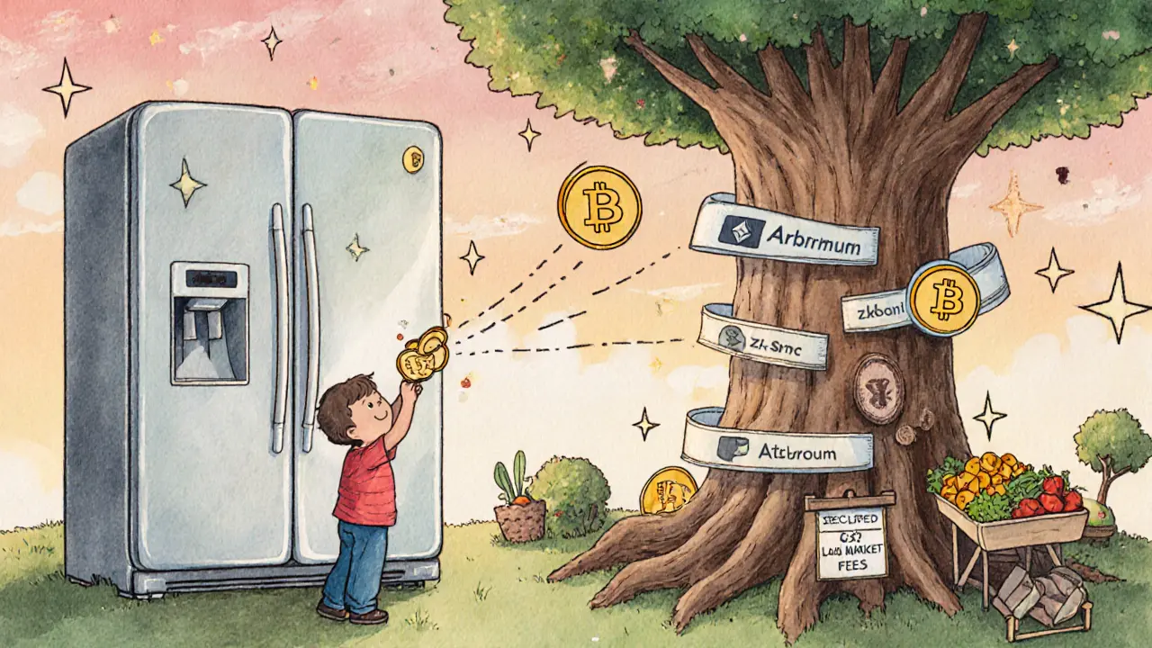 A smart fridge sends crypto to a farmer’s market as rollup highways connect to an Ethereum tree.