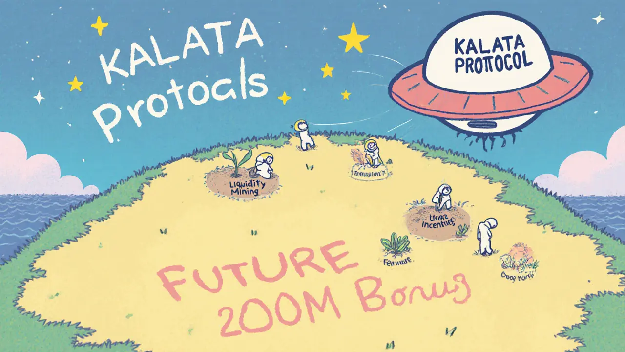 A spaceship flies over an island where only part is lit, with tiny figures planting seeds for future token incentives.