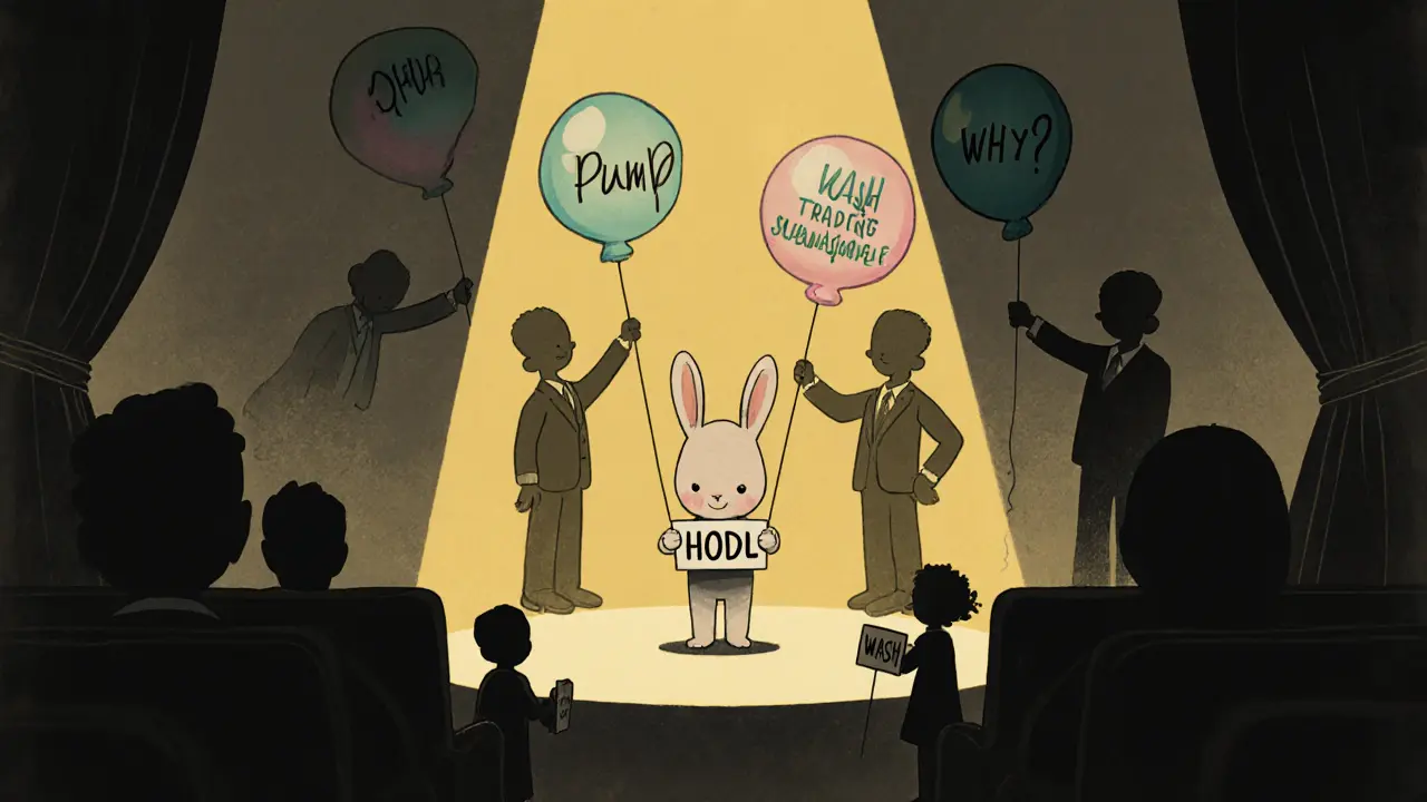 A spotlight shines on a bunny holding &#039;HODL&#039; while shadowy figures pull strings from floating balloons.