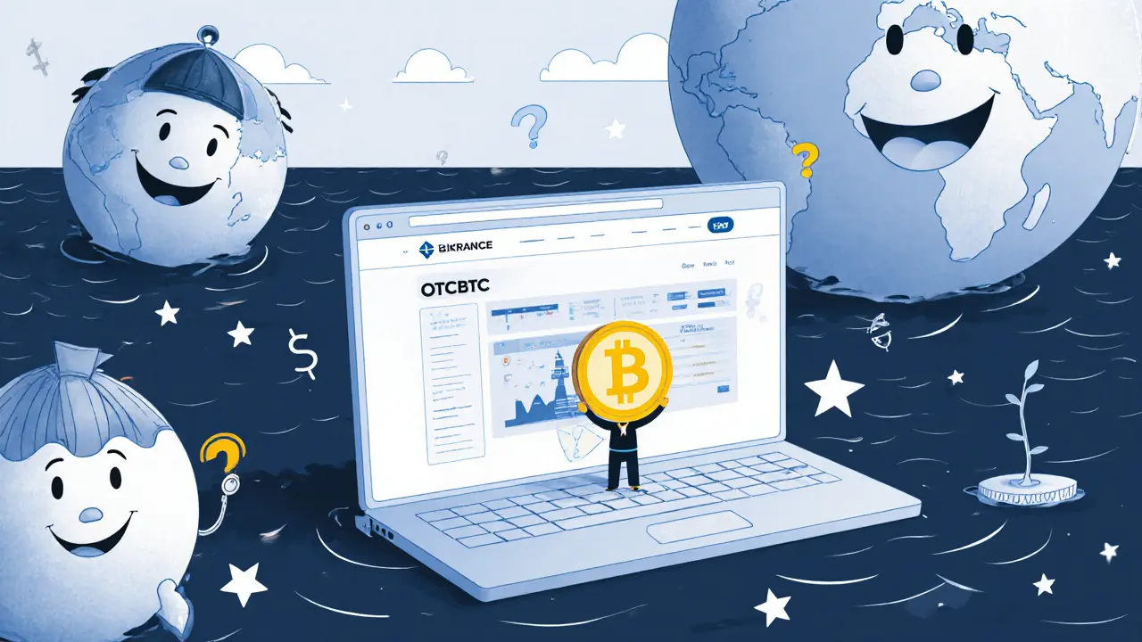 A tiny OTCBTC website floating alone among giant global crypto exchanges in a digital ocean.