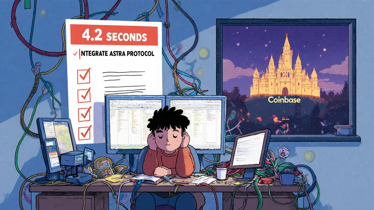 A tired developer surrounded by tangled tech, facing a slow API warning, with a distant Coinbase castle.