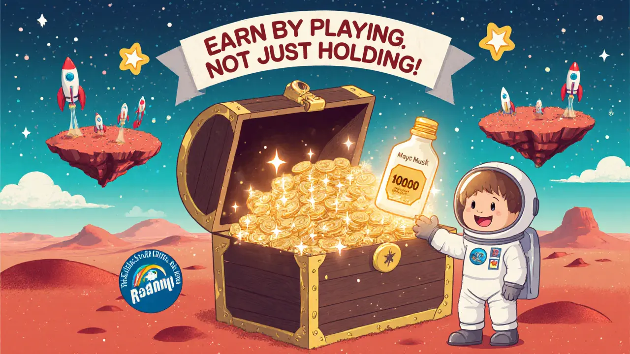 A treasure chest bursts with RACA tokens and a Potion, beside Mars-themed NFT islands in a whimsical sky.