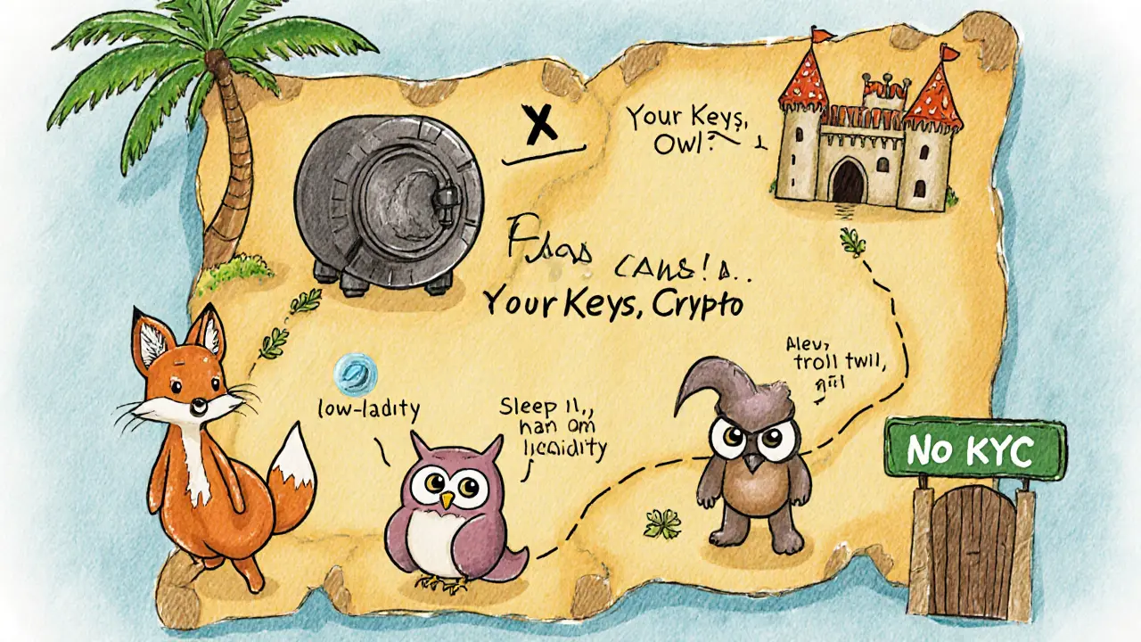 A treasure map leads to a vault labeled &#039;Your Keys, Your Crypto&#039;, with friendly creatures representing DEx.top&#039;s pros and cons on a whimsical path.