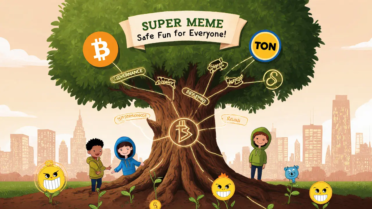 A tree with crypto leaves grows from a network of glowing roots as children plant meme coins into the soil.