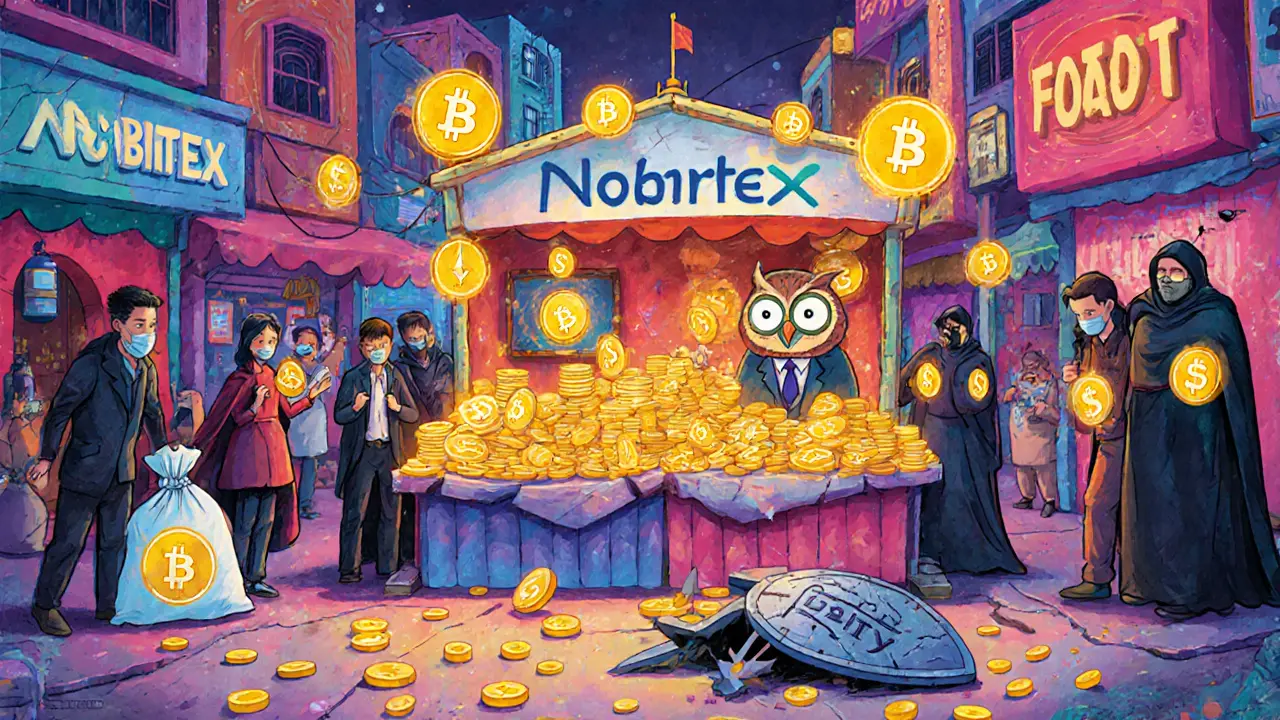 A wise owl runs a crypto exchange stall where shadowy figures steal glowing digital coins.