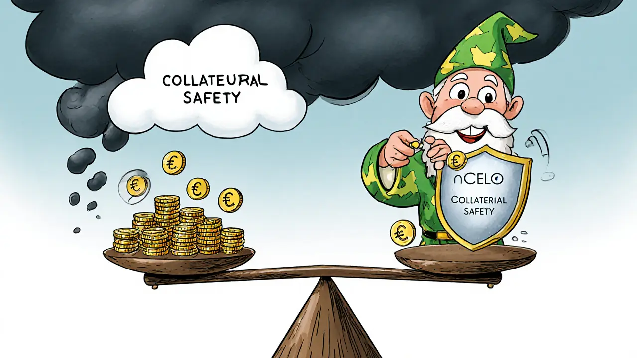 A wizard balances CELO coins and mCEUR tokens on a magical scale with a safety shield.