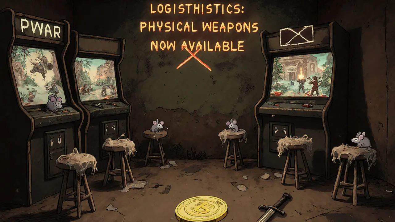 An abandoned game arcade with faded NFT figures and a broken &#039;Logistics&#039; sign.