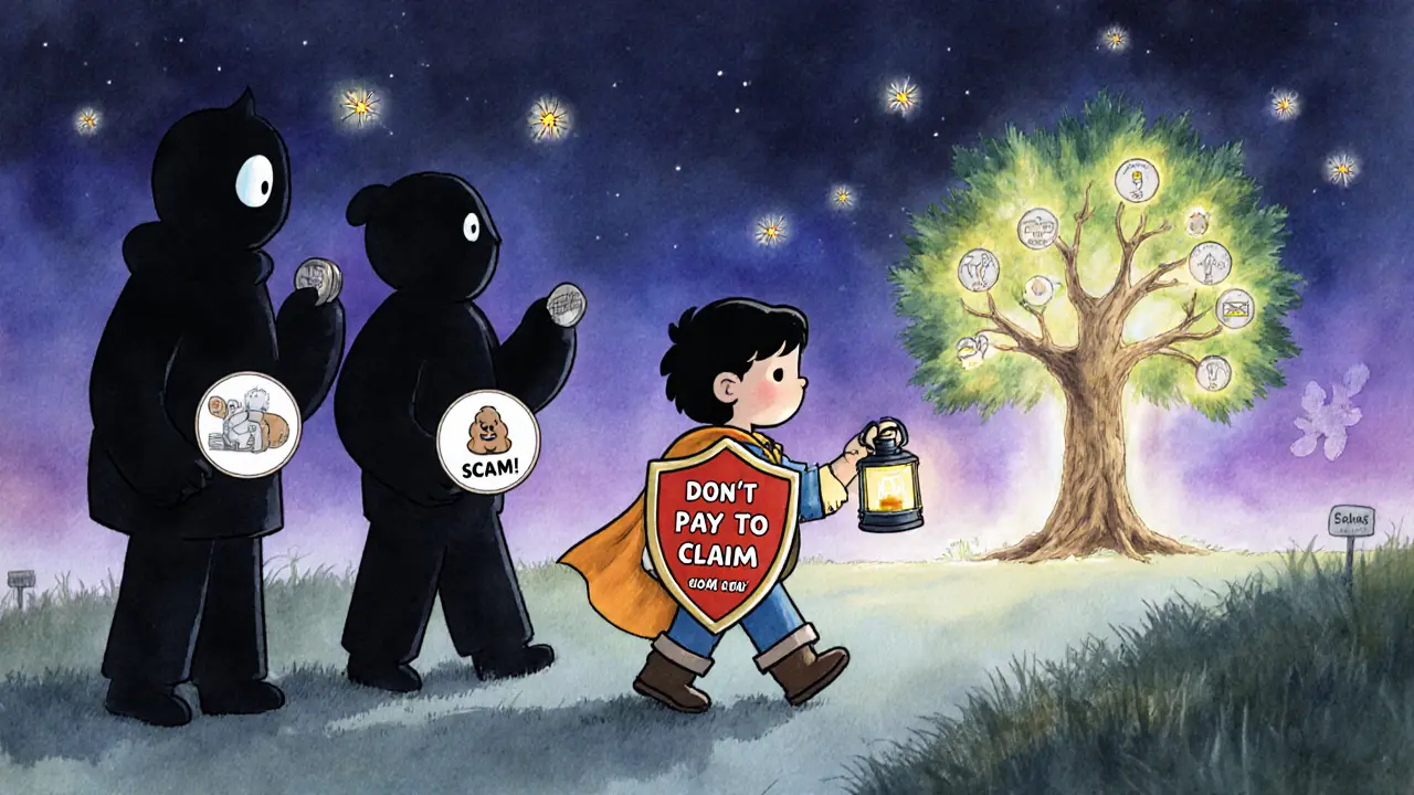 An adventurer with a safety shield walking past scam figures toward a glowing portal of future crypto rewards.