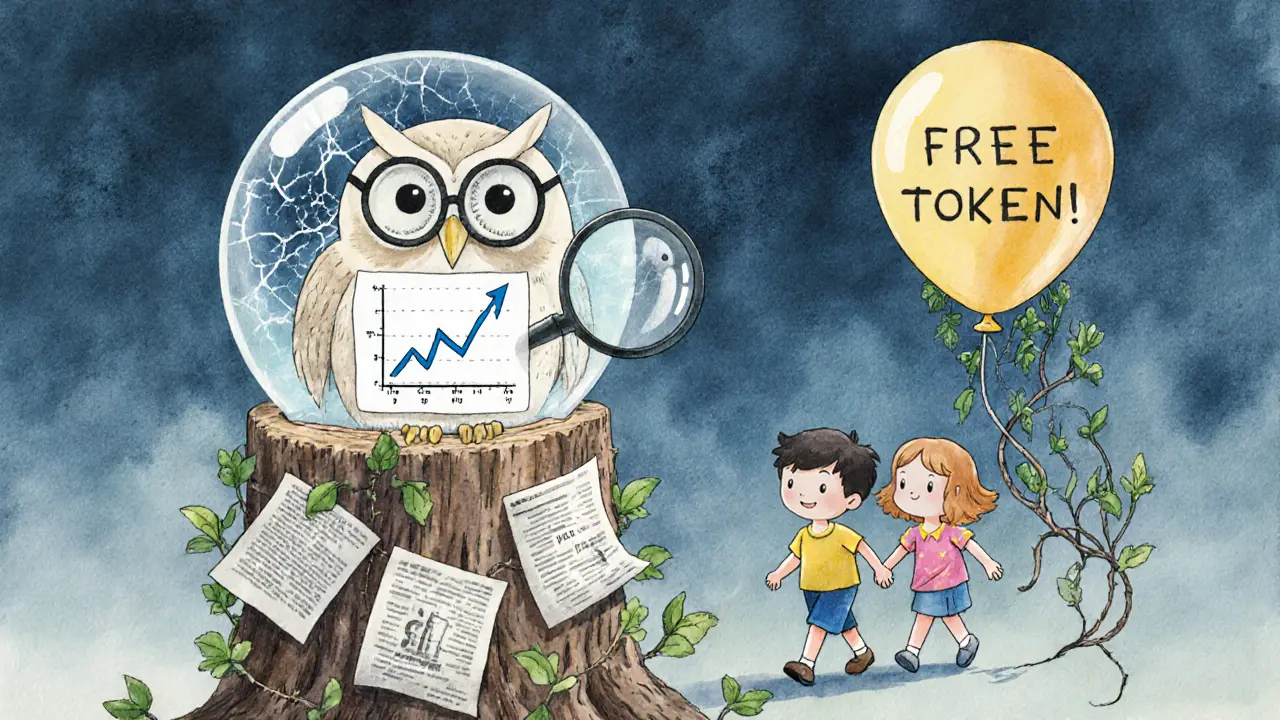 An owl with spectacles showing a crashing price graph while children walk away.