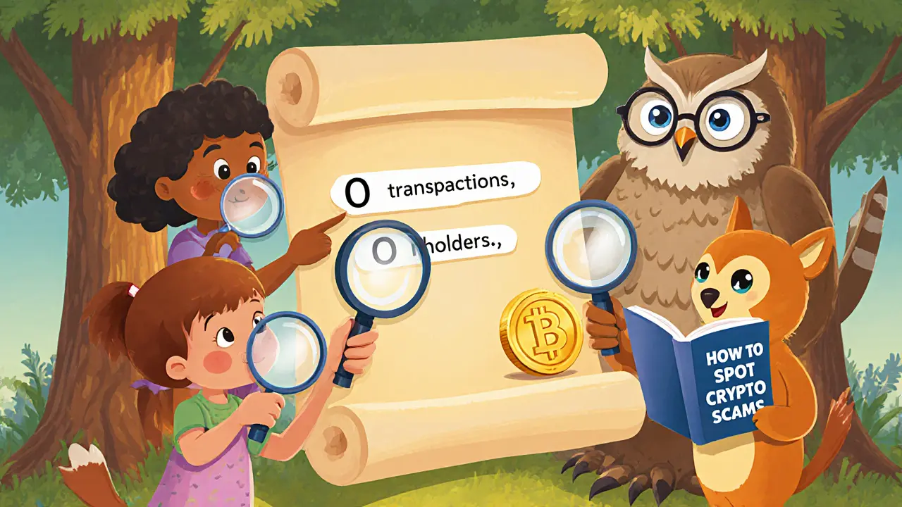 Animal kids examine a blockchain scroll with a wise owl teaching them to spot crypto scams.