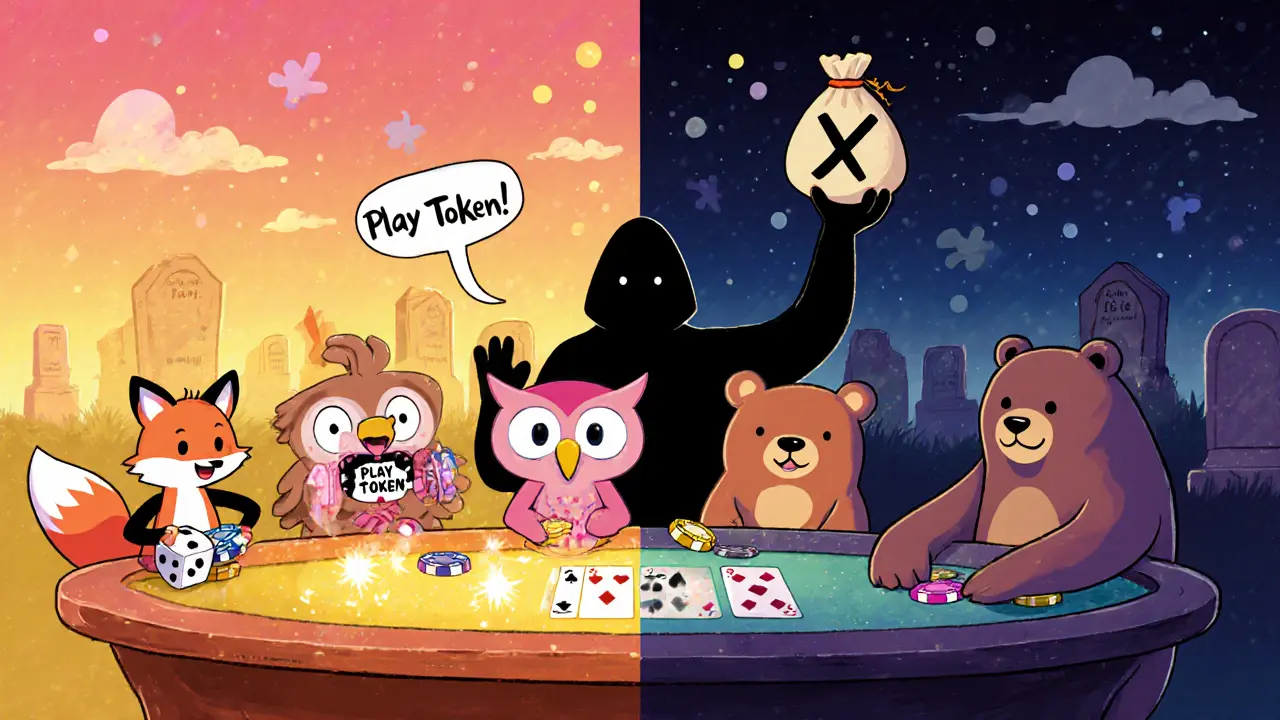 Cheerful game characters playing poker while a shadowy figure holds a dead PLAY token.