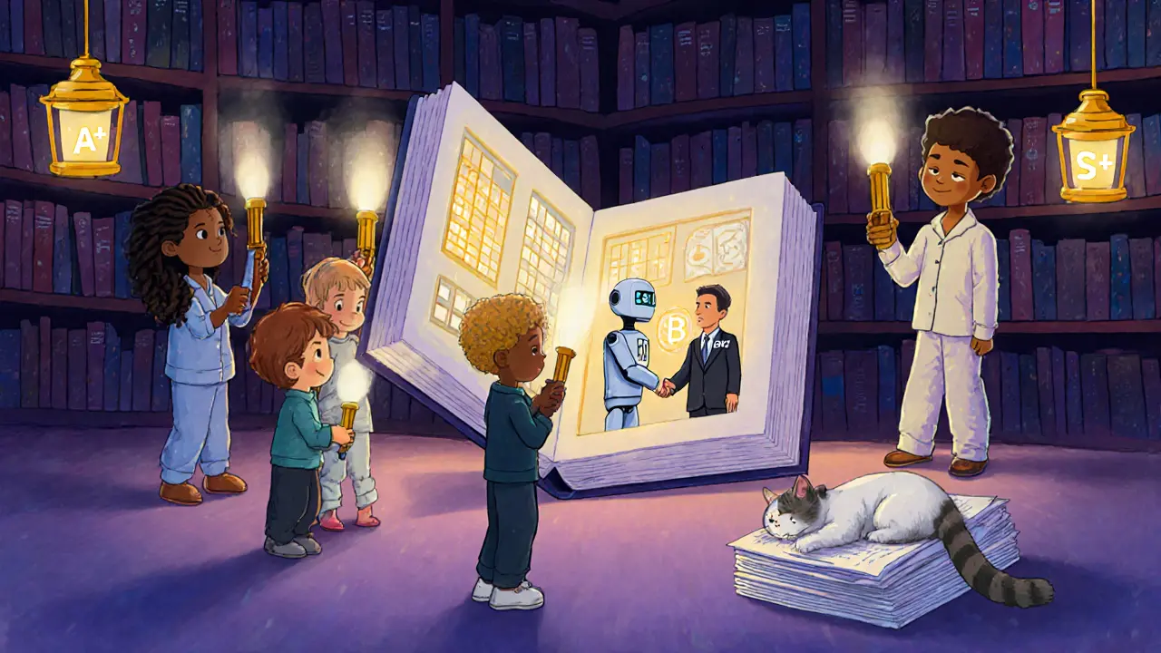 Children explore a magical library of token-shaped books, revealing real estate and crypto custody secrets.