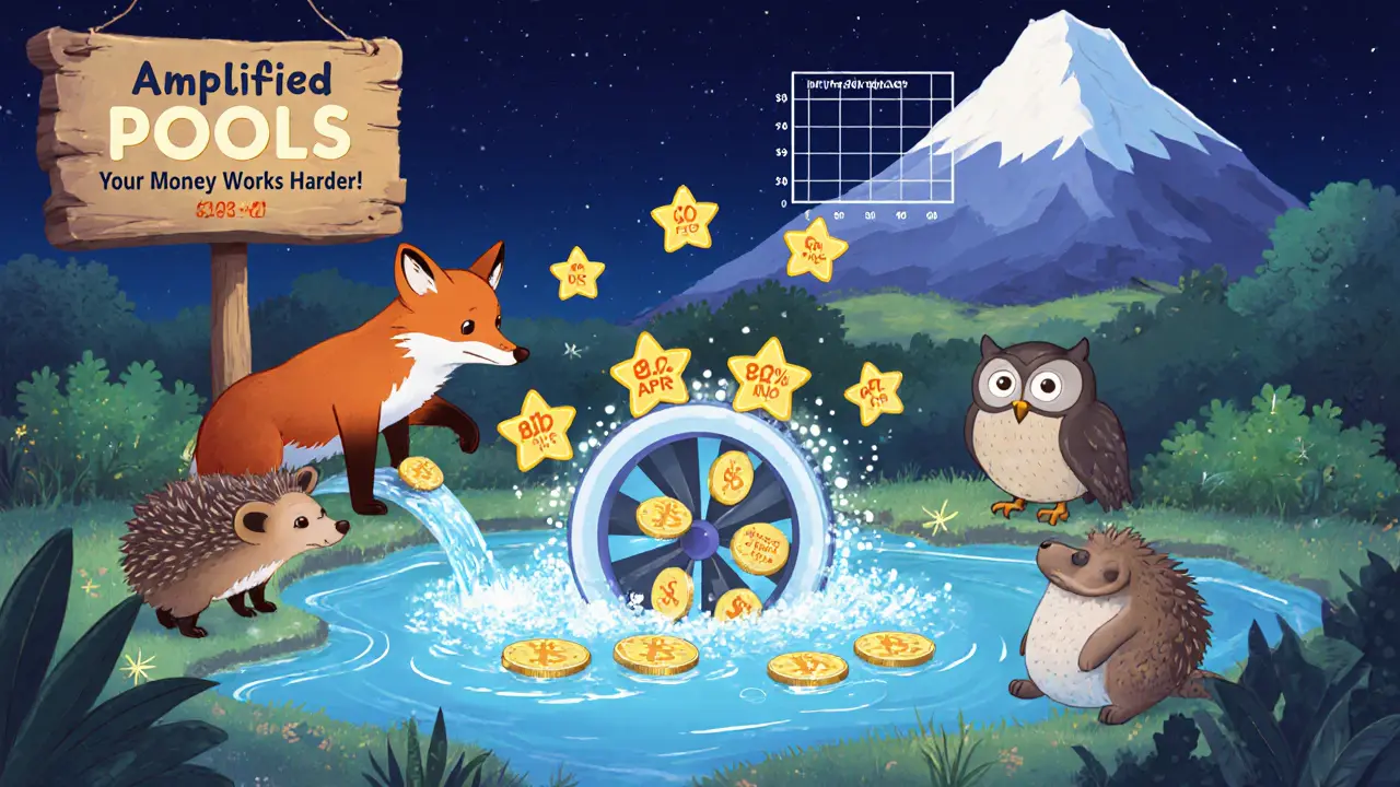 Friendly animals depositing tokens into a sparkling pond that generates golden stars labeled with high APR.