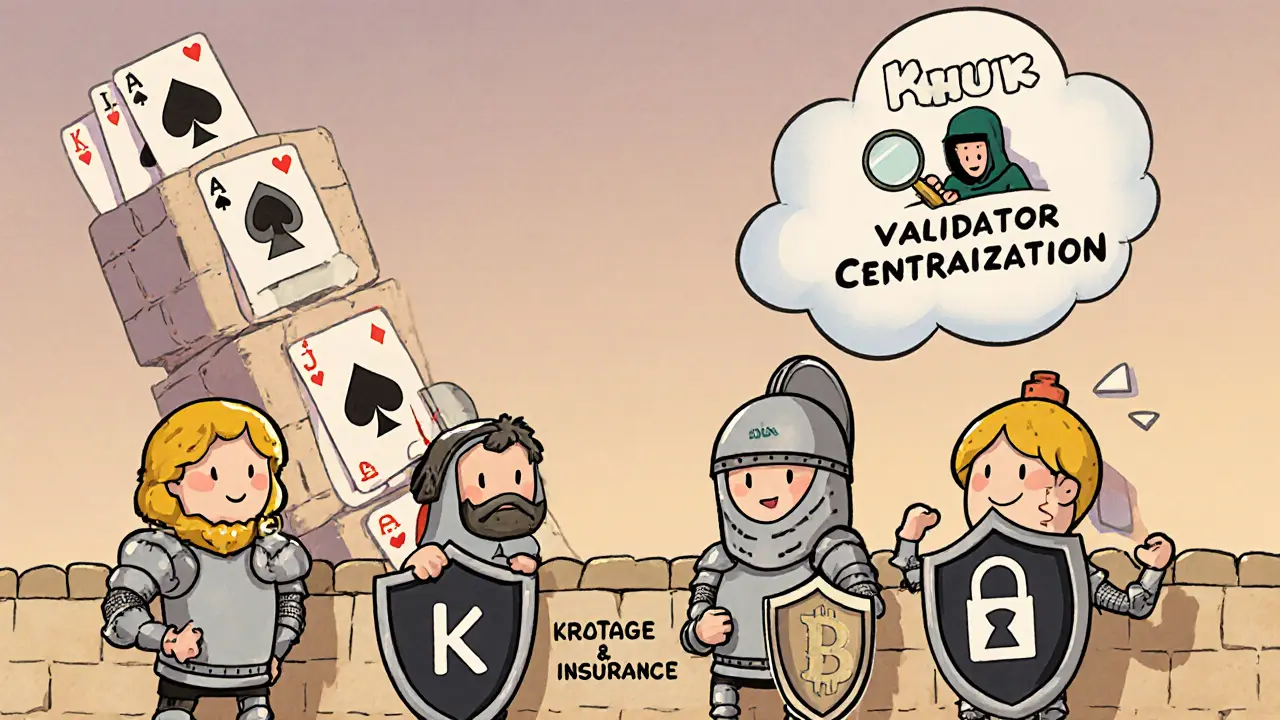 Friendly security knights behind a wall vs. a wobbly tower of playing cards labeled Hyperliquid.