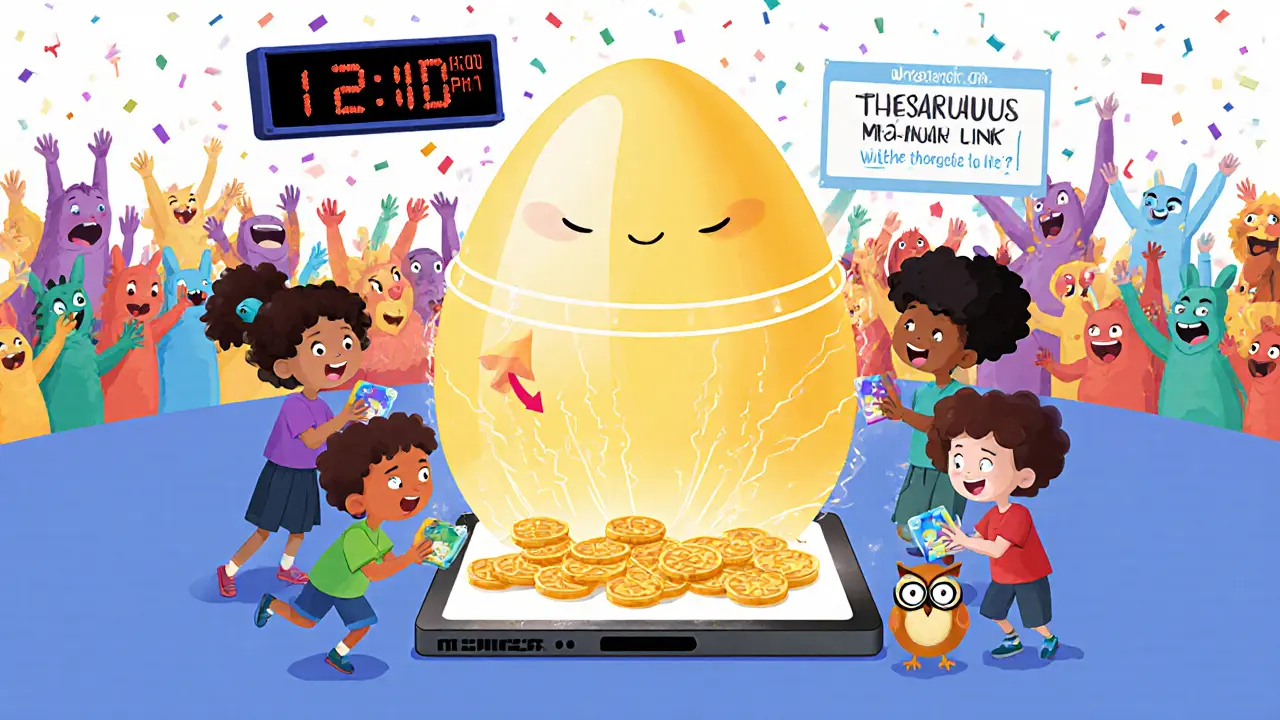 Kids connect wallets to a glowing tablet as tokens flow into their pockets in a playful digital scene.