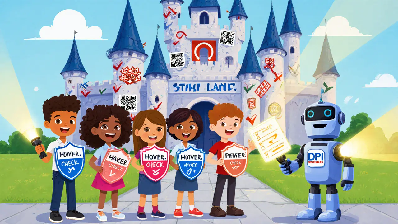 Kids in a Phishing Patrol stand before a crumbling scam castle, holding verification shields and a checklist.