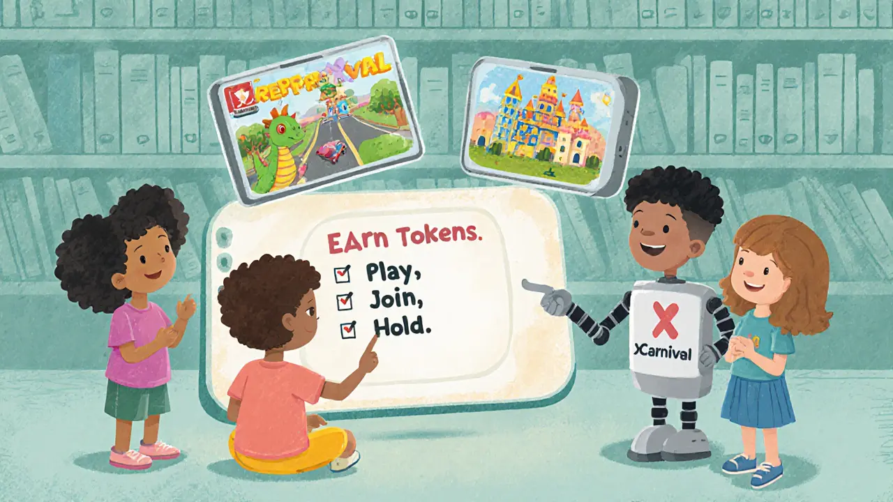 Kids playing testnet games on floating screens with a friendly robot guiding them toward earning tokens.