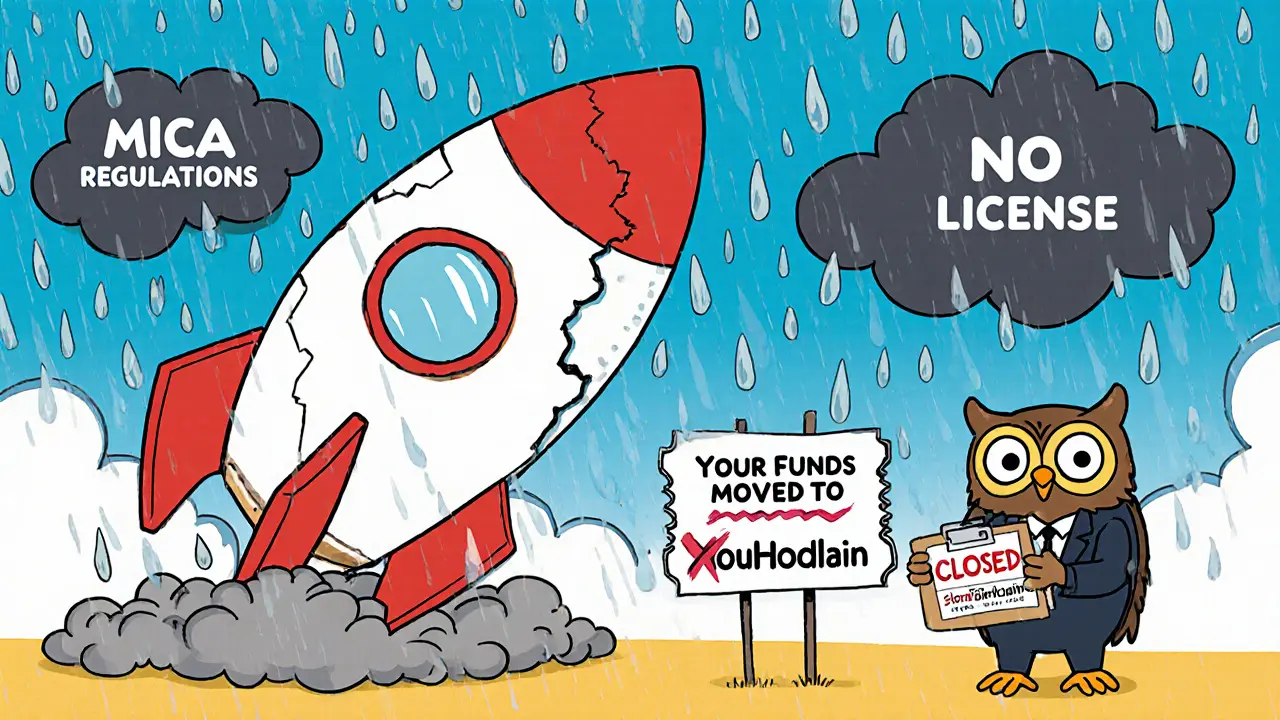 The StormGain rocket is broken on the ground as rain falls from regulation clouds, with a sad trader holding a transfer ticket.