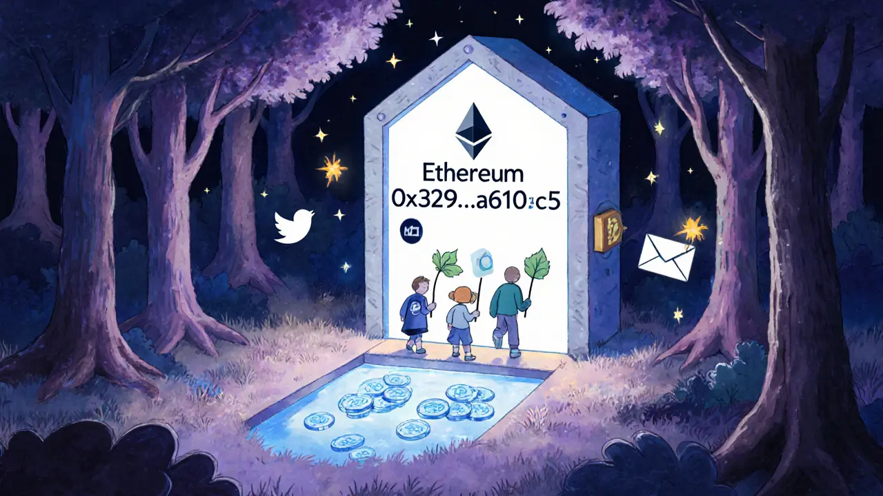 Three adventurers open a magical wallet door into a pool of KALA tokens, guided by oracle fireflies in a blockchain forest.