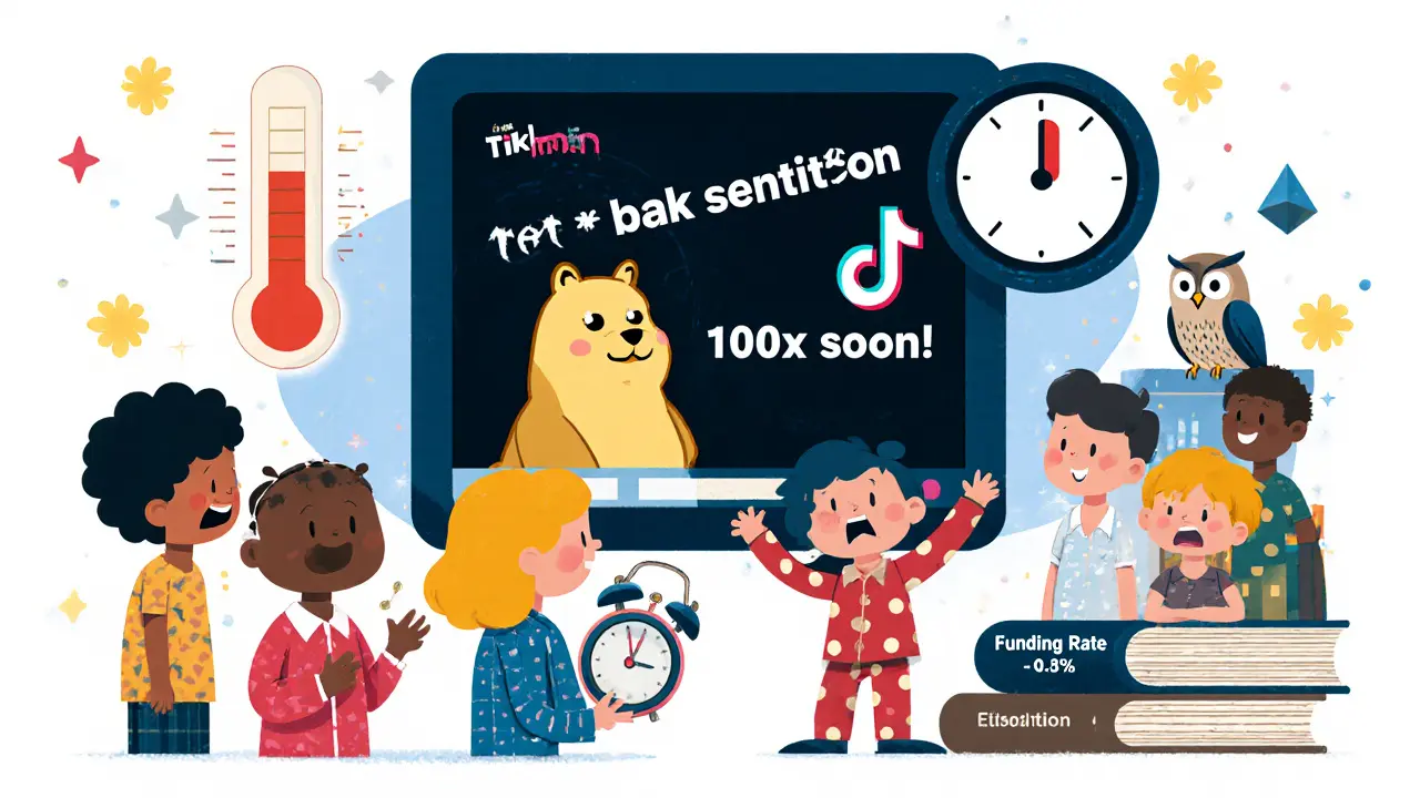 Traders watching a TikTok screen with a viral Dogecoin video while a sentiment thermometer spikes and an alarm clock rings.