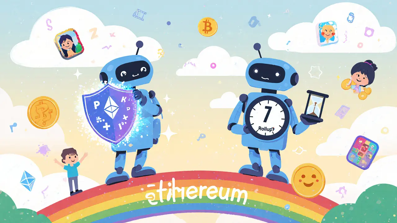 Two robot friends stand on a bridge between ZK-proof and Optimistic Rollup worlds with floating tokens.